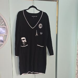 Karl Lagerfeld Black V-Neck Sweater with White Accents